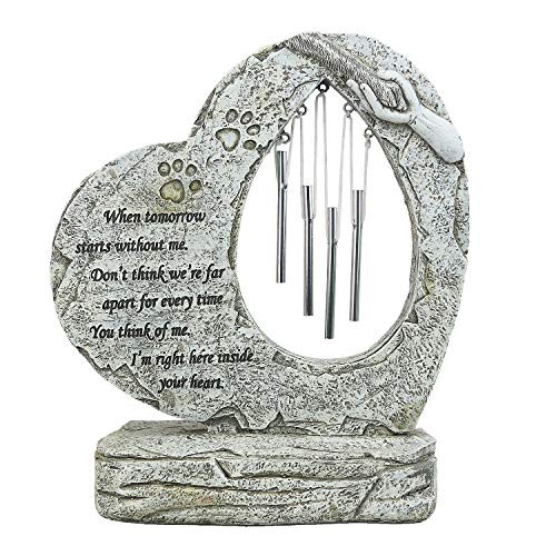 JHP Dog Memorial Gifts Paw Print Pet Memorial Stones with Wind Chimes Pet Grave Markers Heart Shaped Dog Memorial Ornament Stones Engraved with Hands and Dog Feet Wind Chimes