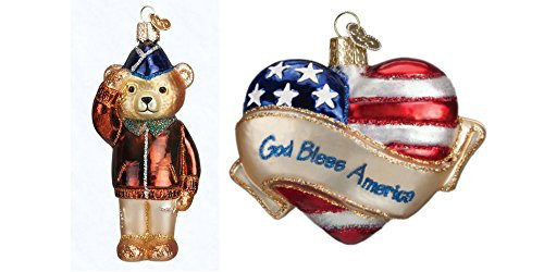 Old World Christmas Air Force Bear and God Bless American Set of Glass Blown Ornaments by