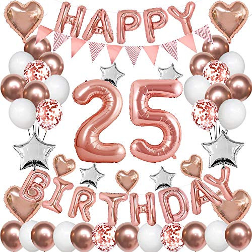 Rose Gold 25th Birthday Decorations for Women Girl25th Birthday Balloons Supplies for Her 25 Rose Gold Number Balloon Happy Birthday Banner Confetti Balloons Star Heart Foil Balloons