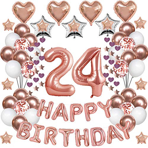 24th Rose Gold Birthday Decorations24th Birthday Balloons Supplies for Girl Women Happy Birthday Banner Rose Gold 24 Number Balloon Star Heart Foil Balloons Confetti Balloons