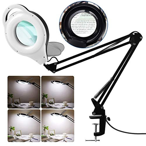 Magnifying Glass with Light and Stand 1800 Lumens Stepless Dimmable Adjustable Swivel Arm 5Diopter Lens LED Magnifier Desk Lamp with Clamp for Close Work Repair Sewing Crafts  Black