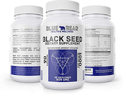 Blue Bear Black Seed Oil Capsules Filled with Pure Cold Pressed Nigella Sativa Premium Organic Black Cumin Seed Oil with Omega 369 NonGMO  GlutenFree 1000mg Per Serving 90 Softgel Capsules