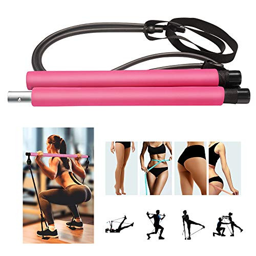 GOOGIC Pilates Bar Kit Exercise Resistance Band Yoga Pilates Bar Kit Portable Pilates Stick Muscle Toning Bar Home Gym Pilates with Foot Loop for Total Body Workout Pink