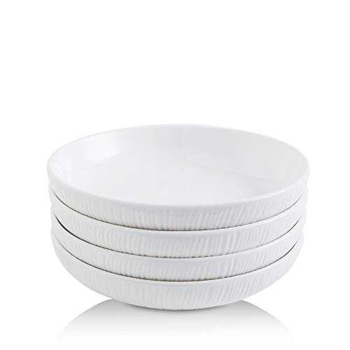 KOOV Ceramic Pasta Salad Bowls 30 OZ Large pasta bowl Stackable Serving Bowl Sets Irregular Striped Series Set of 4 White