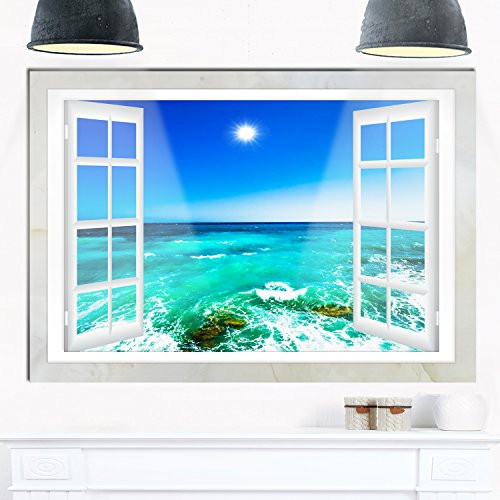 Designart Open Window to Wavy Ocean Extra Large Seashore Metal Wall Art-20x12, 20x12 Blue/White Designart Open Window to Wavy Ocean Extra Large Seashore Metal Wall Art-20x12, 20x12 Blue/White