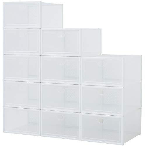 Stackable Shoe Box 12 Pack Clear Plastic Shoe Storage Foldable Sneaker Storage Fit for Size 12