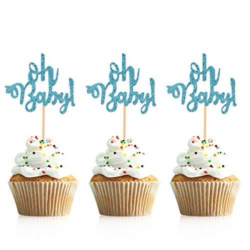 Donoter 48 Pcs Blue Glitter Oh Baby Cupcake Topper Picks for Baby Shower Party Cake Decorations