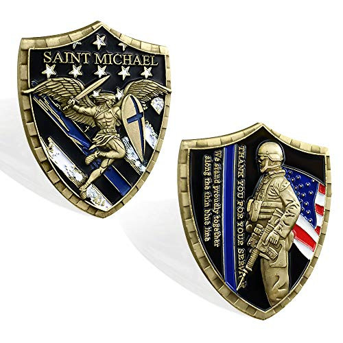 AtSKnSK St Michael Law Enforcement Challenge Coin Thin Blue Line Police Shield Collectible Gift