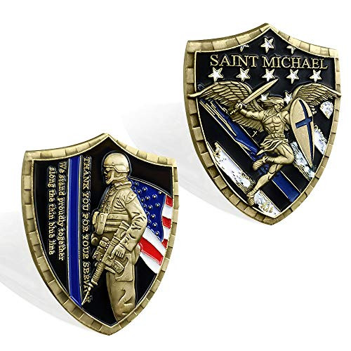 Saint Michael Thin Blue Line Police Officers Shield Challenge Coin Law Enforcement Prayers