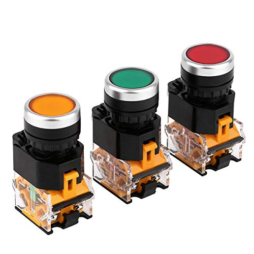 Yeeco Momentary Push Button Switch 3 PCS 22mm 10A 440V Push Button Switch 1NO1NC DPST Round Cap Flat Button Switch  Red Yellow Green