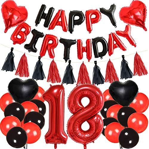 18th Birthday Decorations for Girls 18th Birthday Party Balloons Red and Black 18th Birthday Decorations for Her 18th Birthday Balloons Happy Birthday Decorations Banner 18th