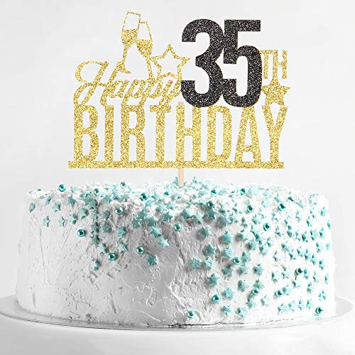 Happy 35th Birthday Cake Topper  Thirty fiveyearold Cake Topper 35th Birthday Cake Decoration 35th Birthday Party Decoration Gold and Black