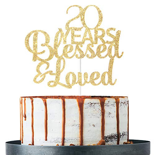 Gold Glitter 20 Years Blessed  Loved Cake Topper  20th Birthday  20th Anniversary Cake Topper 20th Birthday  20th Anniversary Party Decoration
