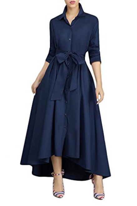 VERWIN Women Long Sleeve Loose Elegant Maxi Dress Button Down Up Shirt Long Dress with Pockets and Belts Blue XL