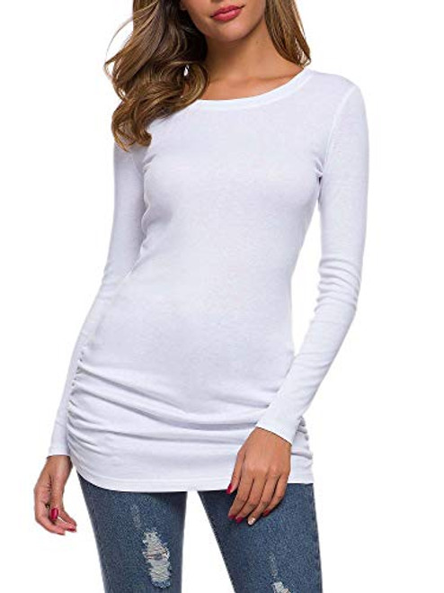 TORARY Womens Long Sleeves Slim Ruched Tunic Fall Winter Tee Top Blouse White XLarge