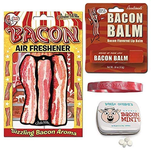 Bacon Addicts Triple Sampler Gift Pack 3pc Set  Wristband  Bacon Air Freshener Breath Mints  Lip Balm  Bacon Addict Silicone Wristband
