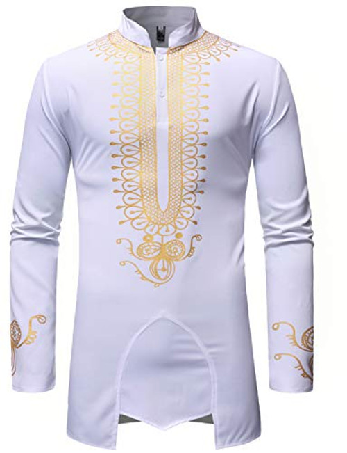 LucMatton Mens Traditional African Luxury Metallic Gold Printed Dashiki Shirt White Large LucMatton Mens Traditional African Luxury Metallic Gold Printed Dashiki Shirt White Large