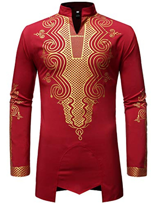LucMatton Mens Traditional African Dashiki Luxury Metallic Gold Printed Shirt Red Large LucMatton Mens Traditional African Dashiki Luxury Metallic Gold Printed Shirt Red Large