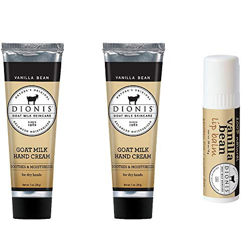 Dionis Goat Milk Hand Cream and Lip Balm 3 Piece Gift Set Vanilla Bean 3 Piece