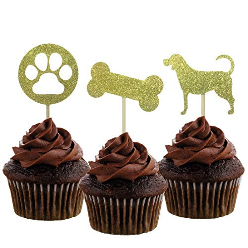 Morndew 24 PCS Gold Glitter Dog Palm and Bone Cupcake Toppers for Baby Shower Birthday Party Wedding Party Decorations