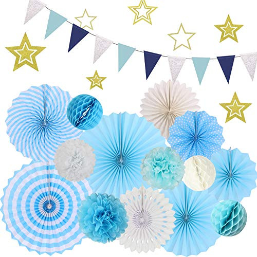 Party Decoration Set 22Pcs Blue Hanging Paper Fans Pom Poms Flowers Honeycomb Ball Gold Star and Triangle Bunting Flags for Boy Birthday Parties Bridal Showers Baby Showers Wedding Decor