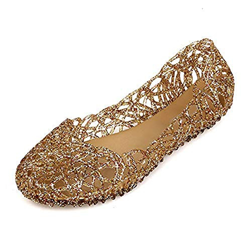 Domucos Round Toe Jelly Shoes for Women Jelly Ballet Flats Female Garden Clog ShoesGold7539