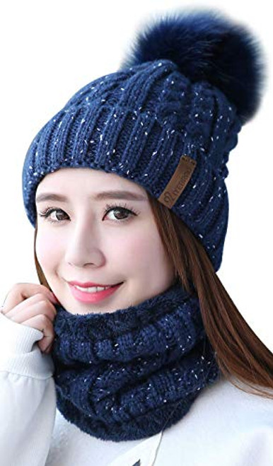IYEBRAO Womens Winter Knit Beanie Hat Scarf Set for Girl Slouchy Thick Fleece Lined Ski Hat Warm Skull Cap with Pom Navy Blue