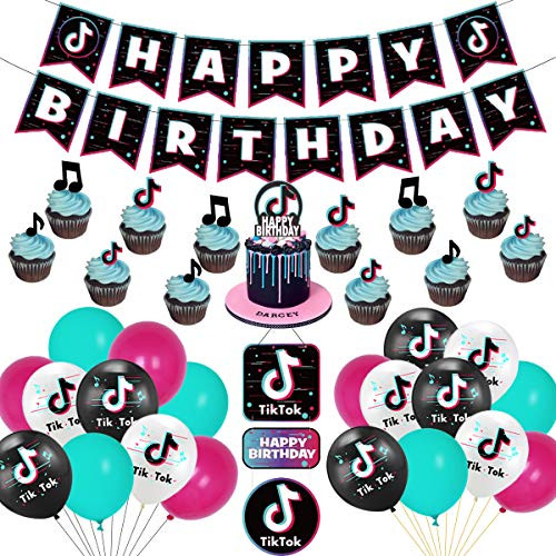 Jollyboom TIK Tok Birthday Party Decorations for Girls Musical Themed Birthday Party Supplies Music Note Sign Happy Birthday Banner Balloons Cake Toppers