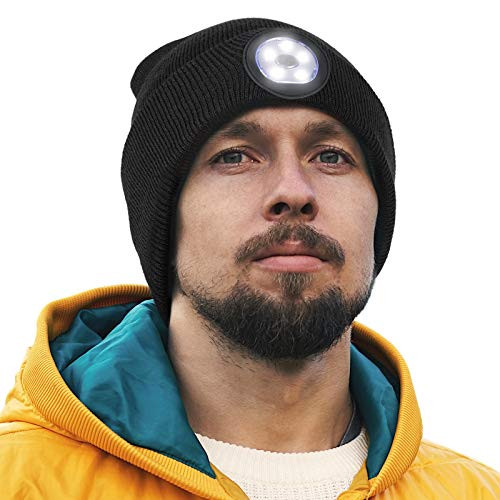 Gift for Men Led Beanie HatLighted Beanie Cap Rechargeable with Hands Free Head Hat Winter Warm Knit Cap with Adjustable LED Brightness