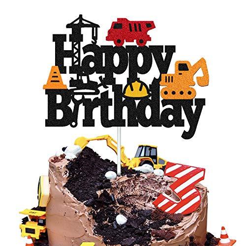 Construction Birthday Cake Toppers Truck Dump Excavator Forklift Bulldozer Road Roller Engineering Themed for Kids Boy Girl Happy Birthday Party Supplies Sparkle Decorations DOUBLE SIDED