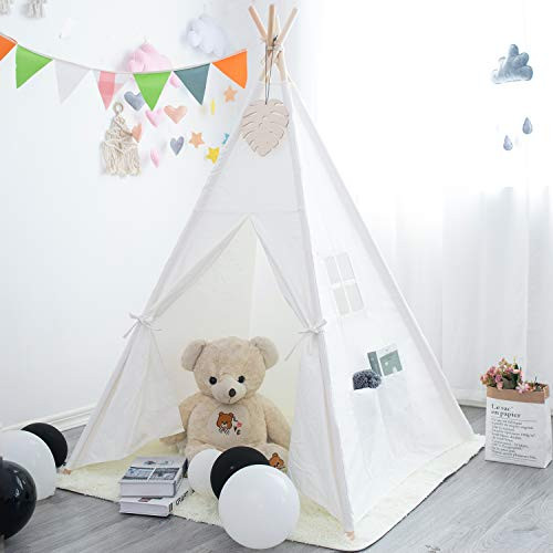 xiaowantong Kids Teepee Tent Class Indina Play Tent for Indoor Outdoor Raw White Cotton Canvas Foldable Playhouse with Carry Case