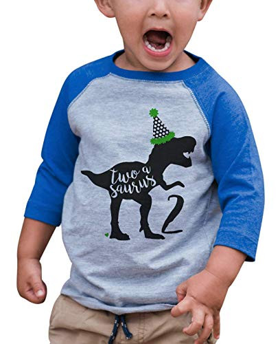 7 ate 9 Apparel Kids Two Dinosaur Birthday Blue Raglan Tee 4T