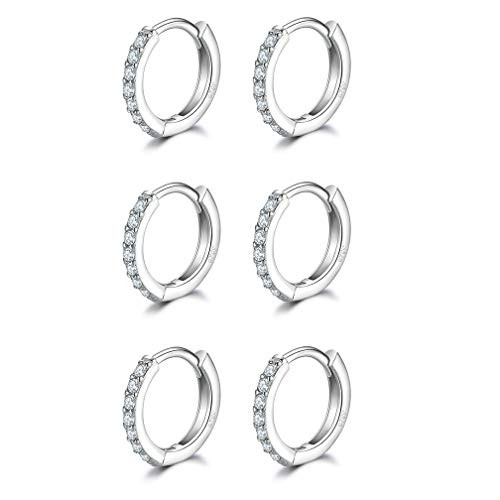 Sterling Silver Small Hoop Earrings Tiny Cartilage Earring Cubic Zirconia Cuff Huggie Earrings Mini Hoops Earrings Piercing for Women Girls 3 Pairs 8mm