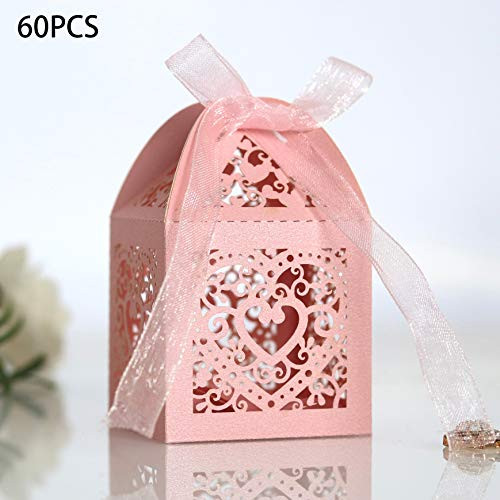 IronBuddy 60Pcs Wedding Candy Boxes Love Heart Laser Cut Paper Gift Boxes with Ribbons Candy Boxes for Wedding Birthday Party Baby Shower Favors Pink