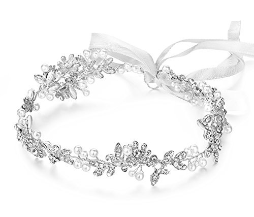 Ammei Silver Vintage Bridal Crystal Headbands Wedding Headpieces Hair Pieces For Bride Bridesmaids Flower Girl Prom Hair Accessories With Ivory Ribbons Hair Vines