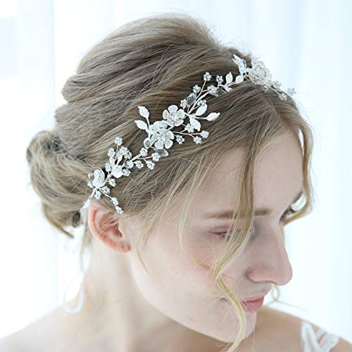 Braveamor Wedding Headbands Bridal Headpieces Flower Leaves Design Hair Vine For Bride Bridesmaids Bridal Hair Accessories For Women Flower Girl Silver