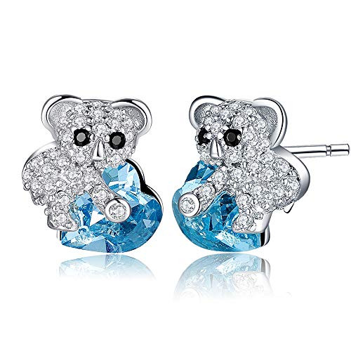 MEGA CREATIVE JEWELRY Koala Bear Blue Heart 925 Sterling Silver Earrings Studs with Crystals from Swarovski
