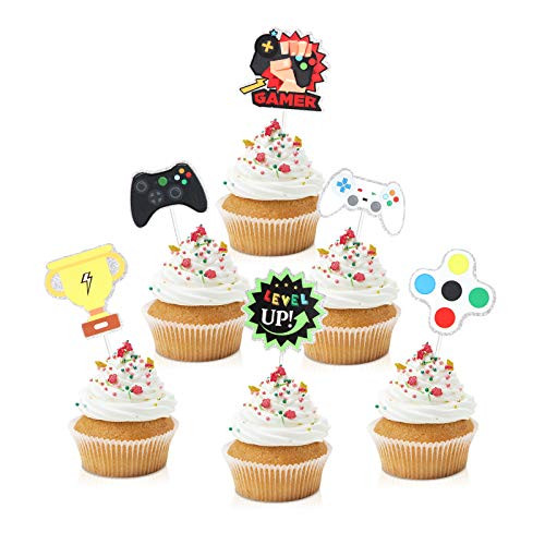 18pcs Video Game Cupcake Toppers  Gaming Level Up Party Glitter Controller Cupcake Toppers Supplies  Boys Girls Party Dessert Food Picks Decorations