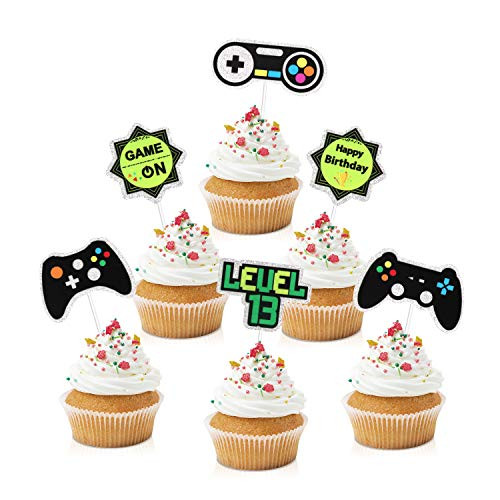 18pcs Video Game Cupcake Toppers  Gaming Level Up 13 Party Glitter Controller Cupcake Toppers Supplies  Boys 13th Birthday Game On Party Dessert Picks Decorations