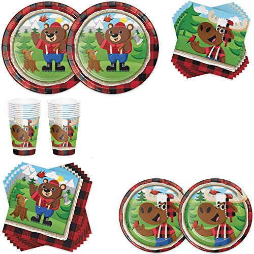 LUMBearJack Party Supply Bundle 16 Guest  Buffalo Plaid Theme  Dinner Plates Dessert Plates Lunch Napkins Beverage Napkins Cups