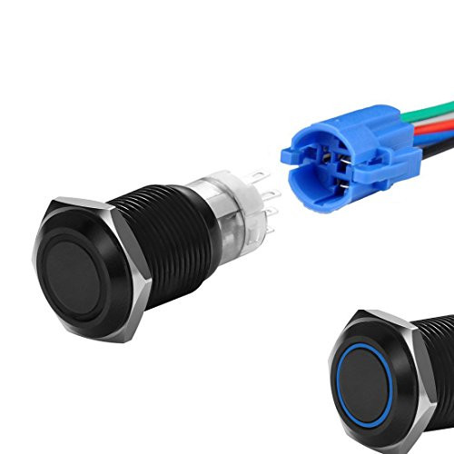 WerFamily 16mm Latching Push Button Switch Power Symbol 12V Blue LED 1NO 1NC SPDT ONOFF Waterproof Black Shell Metal Round with Wire Socket Plug