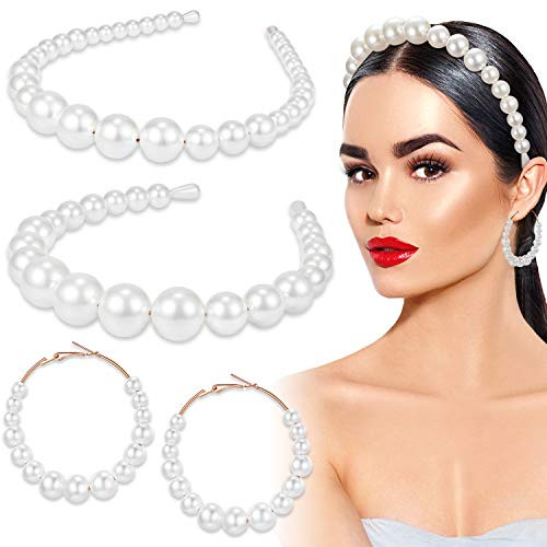 2 Pieces Pearl Headband White Artificial Pearl Hairband with Pearl Hoop Dangle Earrings for Women Girls Bridal Party Accessories 2 Pieces Pearl Headband White Artificial Pearl Hairband with Pearl Hoop Dangle Earrings for Women Girls Bridal Party Accessories