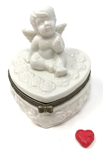 White Cherub Angel on Heart Porcelain Hinged Trinket Box PHB