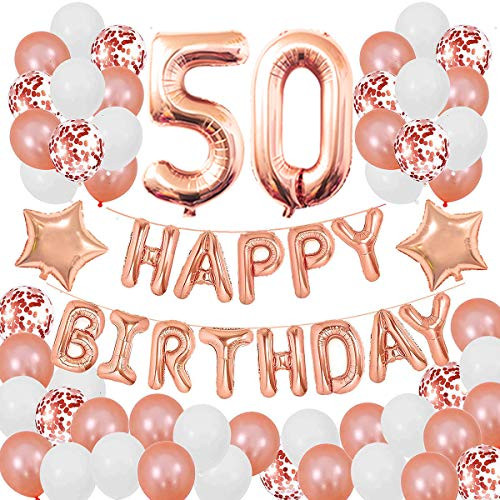 Succris 50TH Birthday Decorations for Girls and Women 50th Birthday Decorations 50 Years Old Birthday Party Supplies Happy Birthday Banner Rose Gold Confetti Balloons Rose Gold