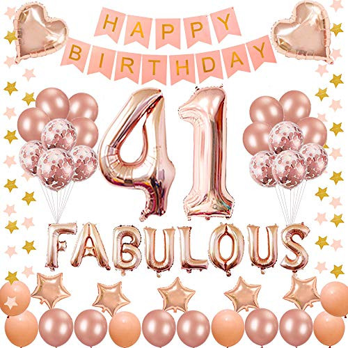 Succris 41ST Birthday Decorations for 41 Years Old Birthday Party Supplies pink Happy Birthday Banner Rose Gold Confetti balloons Number 41 Star balloons and fabulous rose gold Succris 41ST Birthday Decorations for 41 Years Old Birthday Party Supplies pink Happy Birthday Banner Rose Gold Confetti balloons Number 41 Star balloons and fabulous rose gold