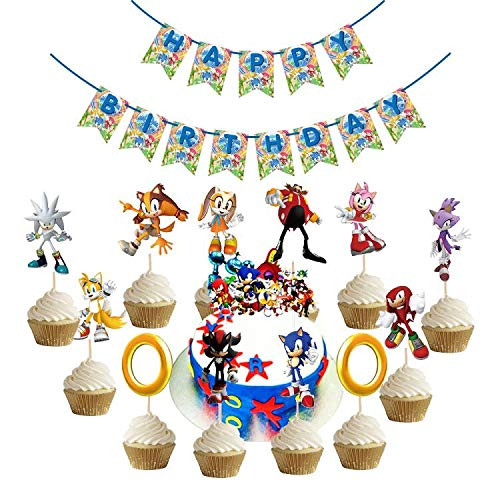 Sonic The Hedgehog Birthday Party Supplies Happy Birthday Banner Cake Topper Cupcake Toppers Sonic Theme Party Decorations