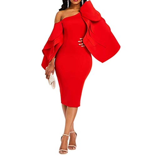 VERWIN Bodycon Dress for Woman Long Sleeve KneeLength Ruffle Sleeve Off Shoulder Evening Dress XXL Red