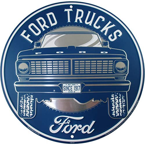 HangTime Ford Truck Sign Vintage Metal Decor with Classic Old FSeries PickUp 12 Inch Round Wall Art