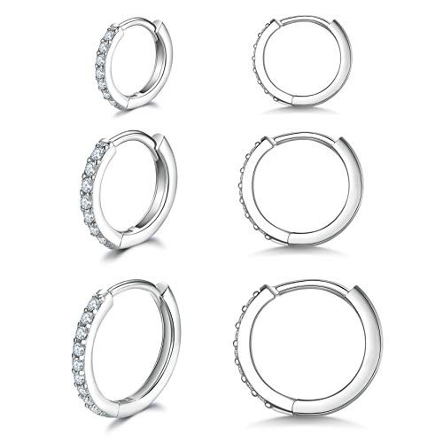 Silver Hoop Earring for Women  Sterling Silver Small Hoop Earrings 3 Pairs Cubic Zirconia Cartilage Huggie Earrings Hoop for Girls 81012mm