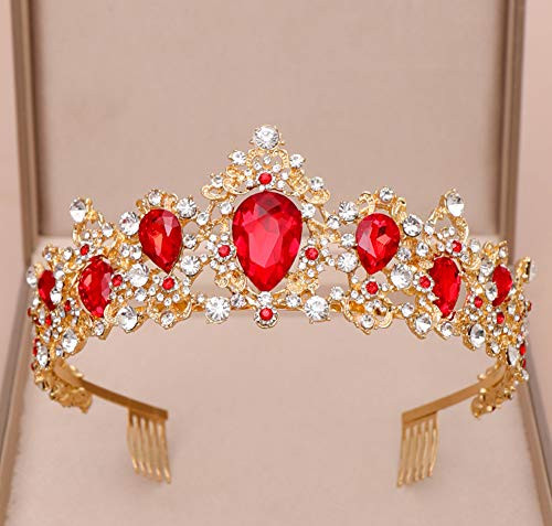 Queen Crown and Tiaras for WomenVintage Gold Rhinestone Pageant Crowns With Comb Baroque Wedding Hair Jewelry Accessories Red